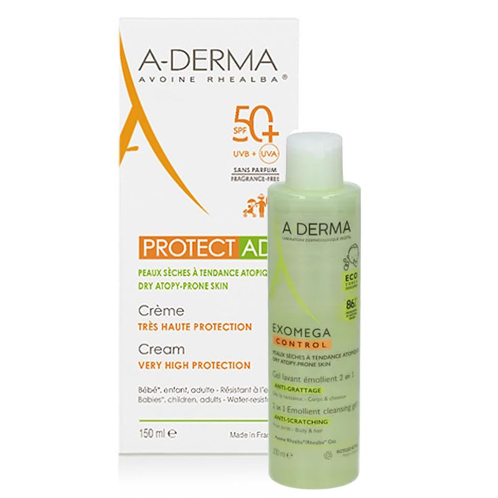 A DERMA Protect AD Crème solaire SPF50 EXOMEGA CONTROL Gel lavant