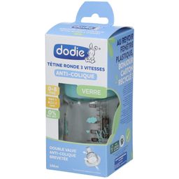 dodie® Biberon Initiation+ verre 150 ml anti-colique tétine ronde 3 vitesses Oiseaux 0-6 mois