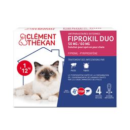 Clément Thékan Anti-Puces et Anti-Tiques pour Chat - Double action : Elimine les parasites & les larves/oeufs  - Protège votre animal et son environnement - 4 Pipettes Spot On