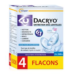 DACRYO® - Solution d'entretien des lentilles 6 en 1 - Nettoie, désinfecte, déproténise, rince, lubrifie, conserve - Lentilles de contact - Acide Hyaluronique-Etui inclus-Flacon-Lot de 4 flaconsx360 ml