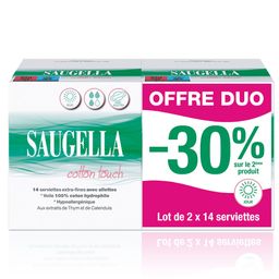 Saugella - Cotton Touch - Serviettes hygiéniques de Jour extra-fines avec ailettes - 100% coton hydrophile - Hypoallergénique - Extraits de Thym et de Calendula - Jour - Pack de 14 X2