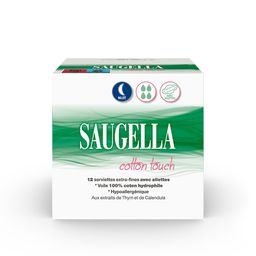 Saugella - Cotton Touch - Serviettes Hygiéniques de Nuit - Extra-Fines et Hypoallergéniques avec Ailettes - Très Absorbantes - Pack de 12