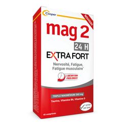 MAG 2 - 24H Extra fort - Anti-nervosité et anti-fatigue - Complément alimentaire à base de magnésium, vitamine B6, vitamine D et taurine - Programme 45 jours - 45 comprimés