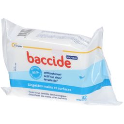 BACCIDE - Lingettes Mains et Surfaces - Antibactérien, actif sur virus - Testé sous contrôle dermatologique - Boite 32 lingettes