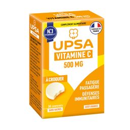 Vitamine C UPSA 500 mg - 30 comprimés à croquer - Adulte & Enfant dès 10 ans - Complément alimentaire sans sucres, goût orange - Fatigue passagère et défenses immunitaires
