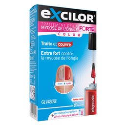 EXCILOR - Solution Forte Color - Traitement Mycose de l'ongle - Vernis traitant 30 ml (Dispositif médical) +  vernis à ongles rouge cosmétique 8 ml