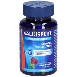 VALDISPERT - Endormissement - Gommes Sommeil Rapide 1,9 mg - Complément Alimentaire À La Mélatonine 1,9mg & extrait Mélisse - Libération En 5 Min - Goût Fruits Rouges - Ingrédients Vegan - 60 Gummies