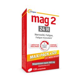 MAG 2 - 24H - MAXI PACK PROMO 4 MOIS - Complément alimentaire à base de magnésium, vitamine B6 et B12 - Anti-nervosité et anti-fatigue - 3+1 mois offert - Programme de 120 jours - 120 comprimés libération prolongée