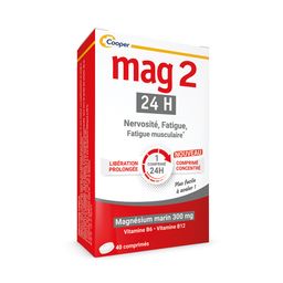 MAG 2 - 24H - Complément alimentaire à base de magnésium, vitamine B6 et B12 - Anti-nervosité et anti-fatigue - Programme de 40 jours - 40 comprimés libération prolongée
