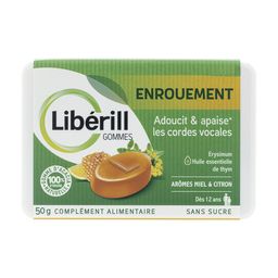LIBERILL, gommes enrouement, boite de 50g, aux ingrédients d'origine naturelle. Dès 12 ans. Complément alimentaire. Sans sucre et avec édulcorants