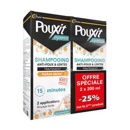 POUXIT - Shampooing parfum abricot - Traitement anti-poux et lentes - 100% Efficace - Agit en 2 applications de 15 minutes - Traitement du cuir chevelu - Lot de 2 - Flacon 2 x 200 ml