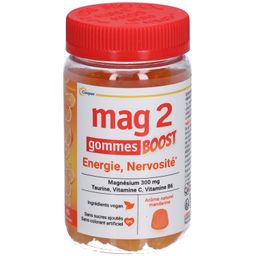 MAG 2 - Gommes BOOST -  Anti-nervosité et anti-fatigue - Sans sucres ajoutés et sans colorant artificiel - Ingrédients vegan -Arôme naturel de mandarine - Complément alimentaire à base de magnésium, taurine, vitamines B6 et C - 45 gommes