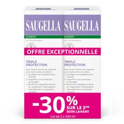 Saugella - Triple Protection - Soin Lavant Intime- Inconforts intimes - Brûlures, démangeaisons, mauvaises odeur - à base de Thym et Zinc - Lot de 2x250 ml