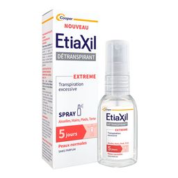 ETIAXIL - Déodorant Detranspirant - Transpiration Excessive - Aisselles Mains Pieds Torse - Extrême 5 jours - Peaux normales - Efficacité 5 jours - Spray - 30 ml