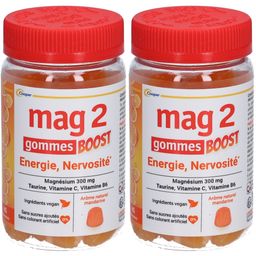 MAG 2 - Gommes BOOST -  Anti-nervosité et anti-fatigue - Sans sucres ajoutés et sans colorant artificiel - Ingrédients vegan -Arôme naturel de mandarine - Complément alimentaire à base de magnésium, taurine, vitamines B6 et C - 45 gommes