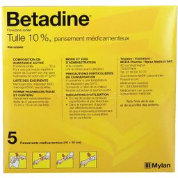 Bétadine - Tulle 10% - plaies ou brûlures superficielles et peu étendues - 5 pansements médicamentaux