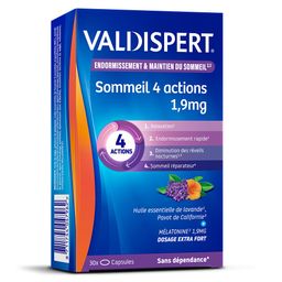 VALDISPERT-Endormissement & Maintien Du Sommeil-Sommeil 4 Actions 1,9 mg-Complément Alimentaire à base de plantes et de Mélatonine 1,9mg-Dosage Extra Fort-Sans Dépendance ni accoutumance-30 Capsules