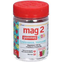 MAG 2 - Gommes kids - Croissance et Immunité - Sans sucres ajoutés - Complément alimentaire à base de magnésium, vitamine B6 et vitamine D - 30 gommes