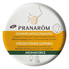 PRANARÔM - Aromaforce - Gommes Adoucissantes - Compléments Alimentaires Aux Huiles Essentielles - Citron, Miel & Thym - Apaise La Gorge  - Boîte Métal 45g