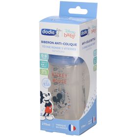 dodie® Biberon Initiation+ 270 ml anti-colique tétine ronde 3 vitesses Disney Mickey Bleu 0-6 mois