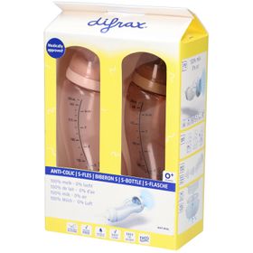 Difrax Biberons Anti-Colique 250ml S-Bottle – Lot de 2 Biberons 0M+ Fleur-Caramel