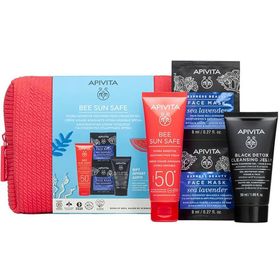 Apivita Bee Sun Safe Hydra Sensitive Crème Visage SPF50+ & Gel Nettoyant Noir & Masque Visage à la Lavande de Mer
