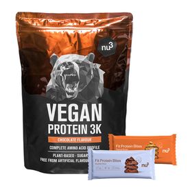 nu3 Vegan Protein 3K Shake, chocolat + Fit Protein Bites Peanut Butter + Fit Protein Bites Double-Choc