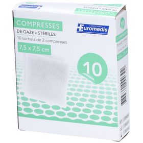 EUROMÉDIS COMPRESSE - Compresse de gaze hydrophile stérile 7,5 cm x 7,5 cm, sachet de 2, 1