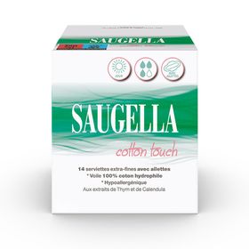 Saugella - Cotton Touch - Serviettes hygiéniques de Jour extra-fines avec ailettes - 100% coton hydrophile - Hypoallergénique - Extraits de Thym et de Calendula - Jour - Pack de 14