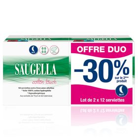 Saugella - Cotton Touch - Serviettes Hygiéniques de Nuit - Extra-Fines et Hypoallergéniques avec Ailettes - Très Absorbantes - Pack de 12 X2