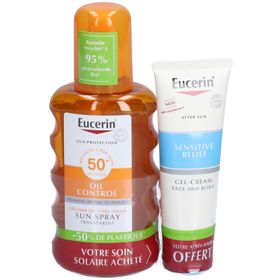 Eucerin® SUN PROTECTION OIL CONTROL Spray Transparent SPF 50 et SENSITIVE RELIEF Gel-creme OFFERT