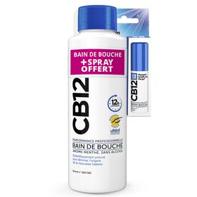 CB12 - Bain de bouche + Spray - Lutte contre la mauvaise haleine pendant 12 heures - Sans alcool - Arôme menthe - 500 ml + 15ml