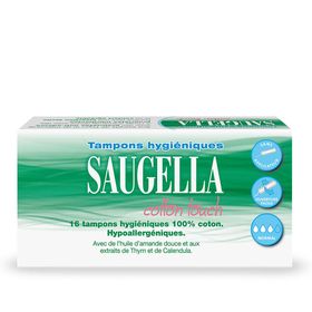 Saugella - Cotton Touch - Tampons Hygiéniques sans Applicateur - Flux Normaux - 100% Coton - Hypoallergéniques, Confort et Sécurité - Enrichis en Thymol et en Huile d'Amande Douce - Pack de 16