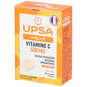 Vitamine C UPSA 500 mg - 30 comprimés à croquer - Adulte & Enfant dès 10 ans - Complément alimentaire sans sucres, goût orange - Fatigue passagère et défenses immunitaires