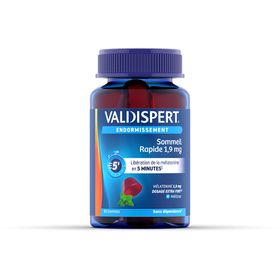 VALDISPERT - Endormissement - Gommes Sommeil Rapide 1,9 mg - Complément Alimentaire À La Mélatonine 1,9mg & extrait Mélisse - Libération En 5 Min - Goût Fruits Rouges - Ingrédients Vegan - 60 Gummies