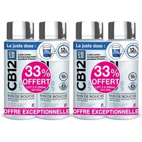 CB12 - Bain de bouche White - Dents plus blanches - 12 heures d’haleine fraîche - Sans alcool - Arôme léger de menthe poivrée - Flacons Lot de 2x250 ml