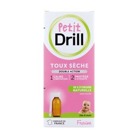 PETIT DRILL sirop 125ml+pipette, toux sèche enfant dès 12 mois, glycérol végétal, sans sucre, arôme fraise. Dispositif médical.