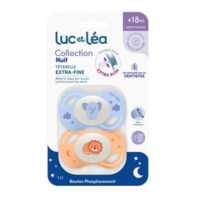 LUC ET LEA Duo de sucettes nuit anatomiques extra-fines – Lion et Elephant