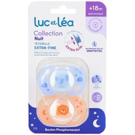 LUC ET LEA Duo de sucettes nuit anatomiques extra-fines – Lion et Elephant