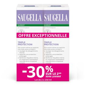 Saugella - Triple Protection - Soin Lavant Intime- Inconforts intimes - Brûlures, démangeaisons, mauvaises odeur - à base de Thym et Zinc - Lot de 2x250 ml