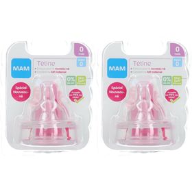 MAM TÉTINE - Tétine plate en silicone, débit 0, nouveau né.  - blister 2 x2