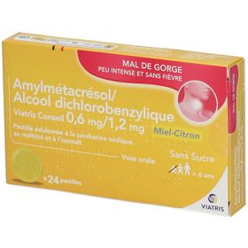 Amylmétacrésol/Alcool dichlorobenzylique Viatris Conseil 0,6 mg/1,2 mg Miel - Citron Mylan