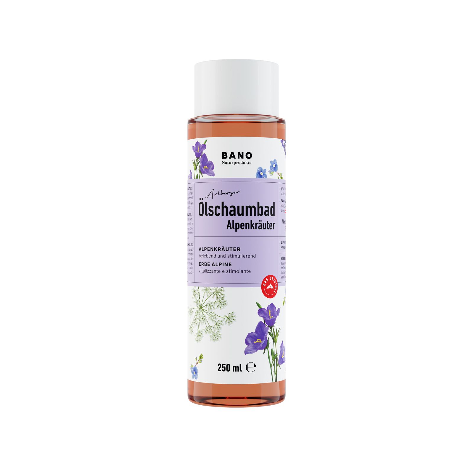 BANO Ölschaumbad Alpenkräuter, flacon avec bouchon blanc. Inscription : Alpenkräuter, 250 ml.