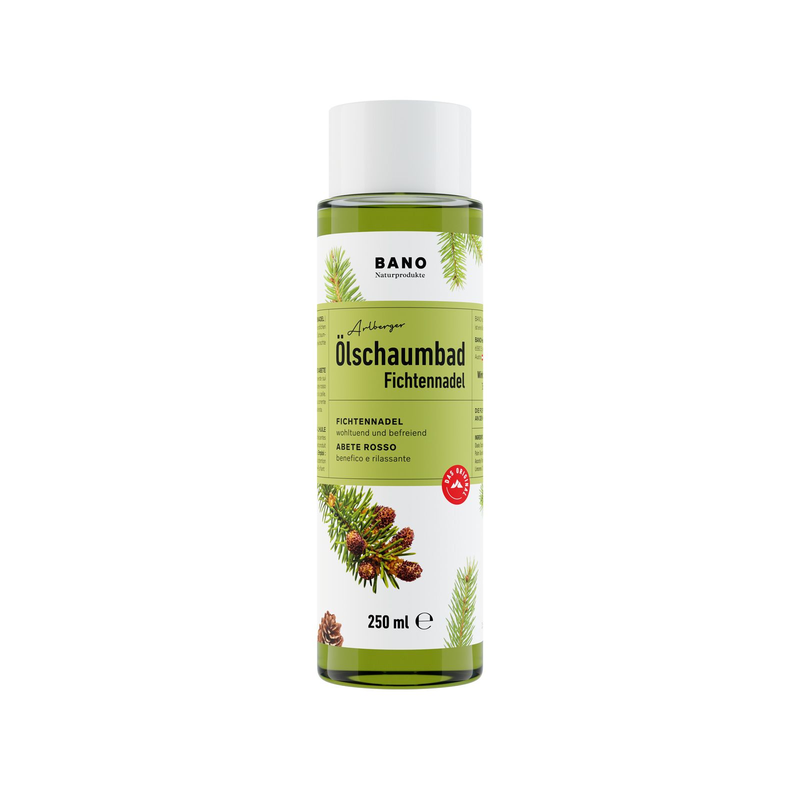 BANO bain moussant aiguilles de pin. Bouteille verte, bouchon blanc. Étiquette avec texte et illustrations.