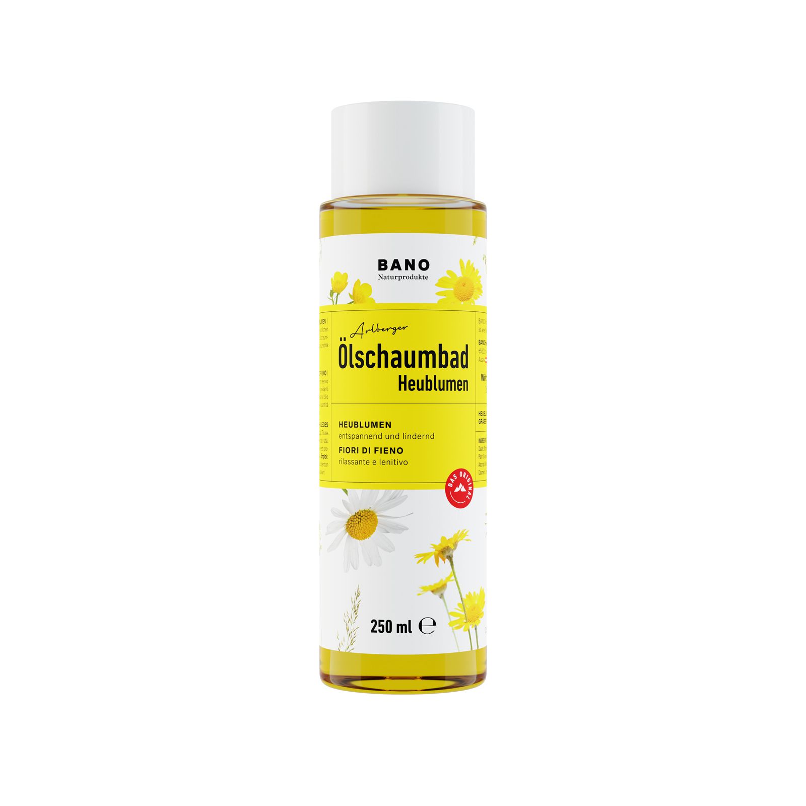 Flacon jaune à bouchon blanc. Inscription : Ölschaumbad Heublumen. 250 ml. Illustrations de camomille et de foin.