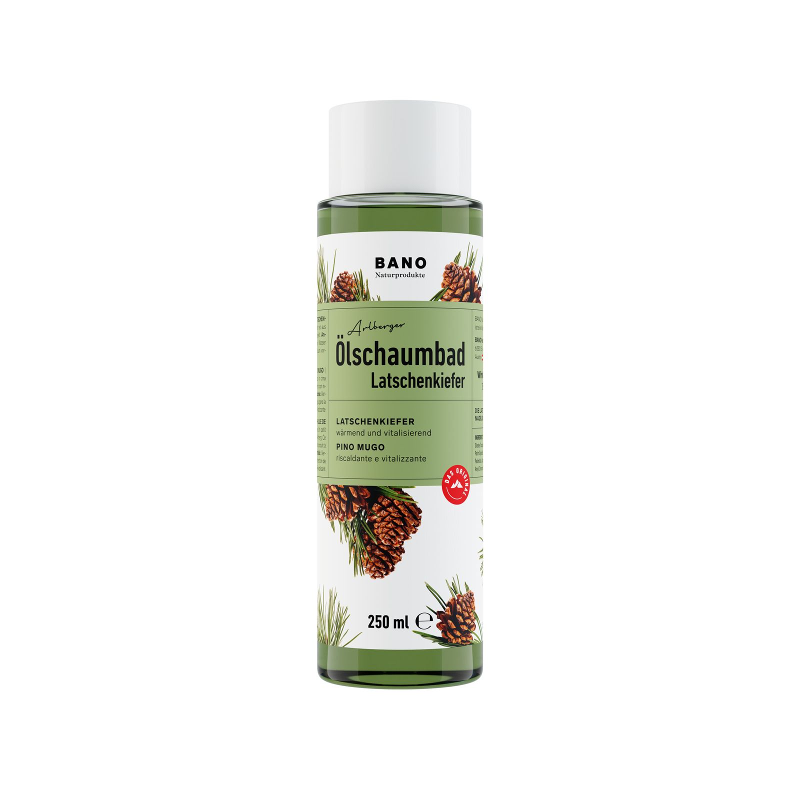 Flacon vert avec bouchon blanc. Étiquette avec nom du produit, branches de pin et cônes. Marque BANO.
