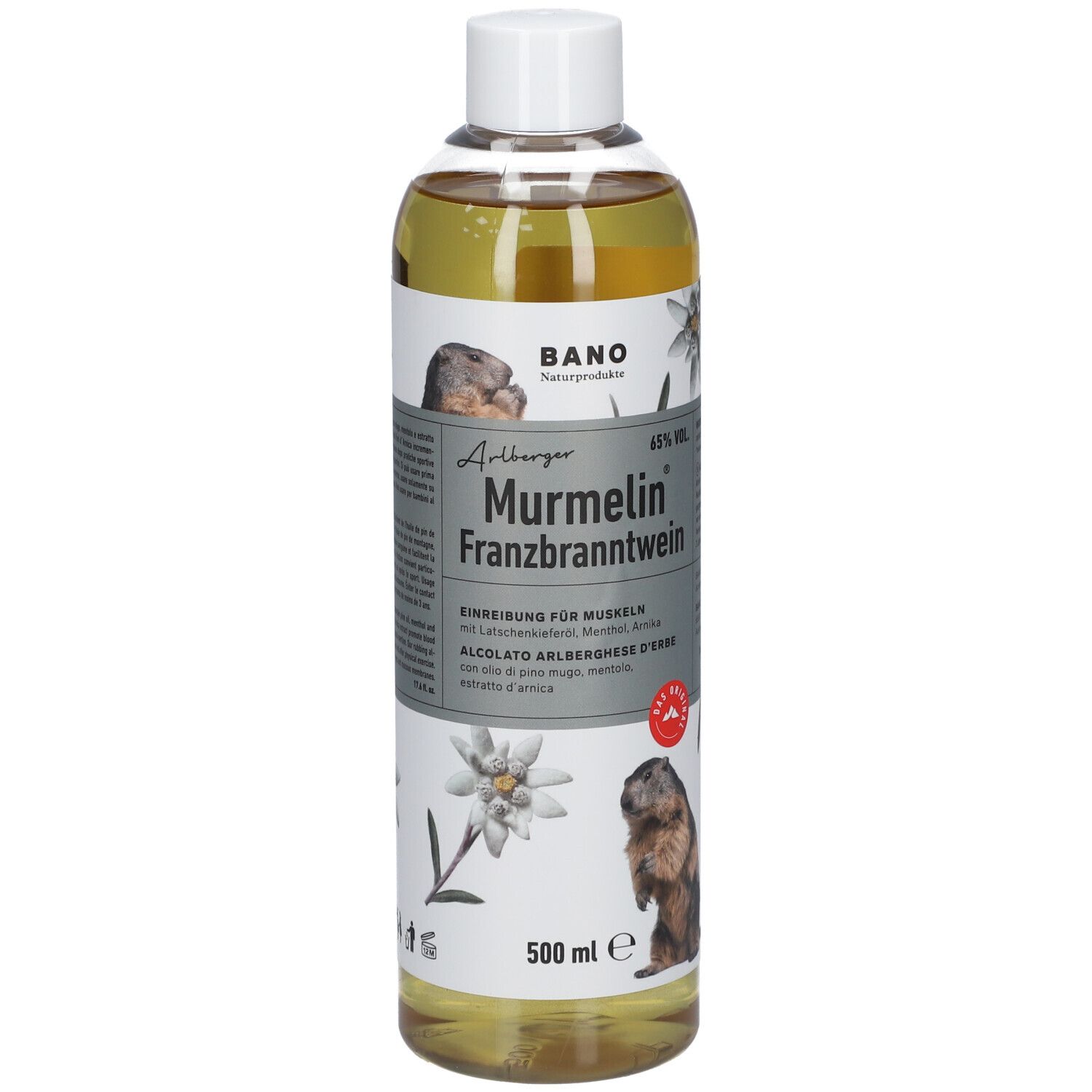 Flacon de BANO Murmelin Franzbranntwein. Étiquette avec marmotte, edelweiss et texte. 500 ml.