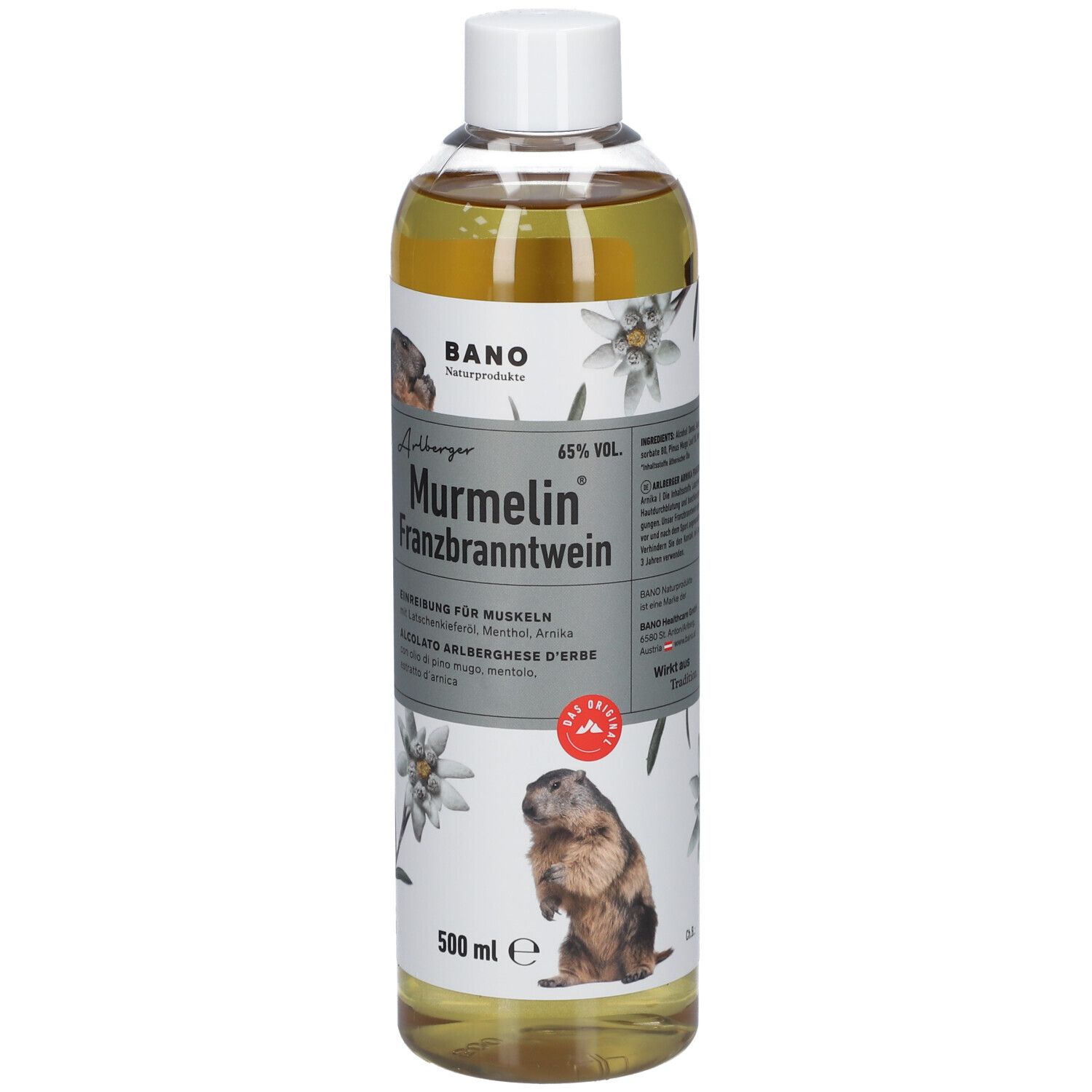Flacon de BANO Murmelin Franzbranntwein. Étiquette avec marmotte, edelweiss et texte. 500 ml.