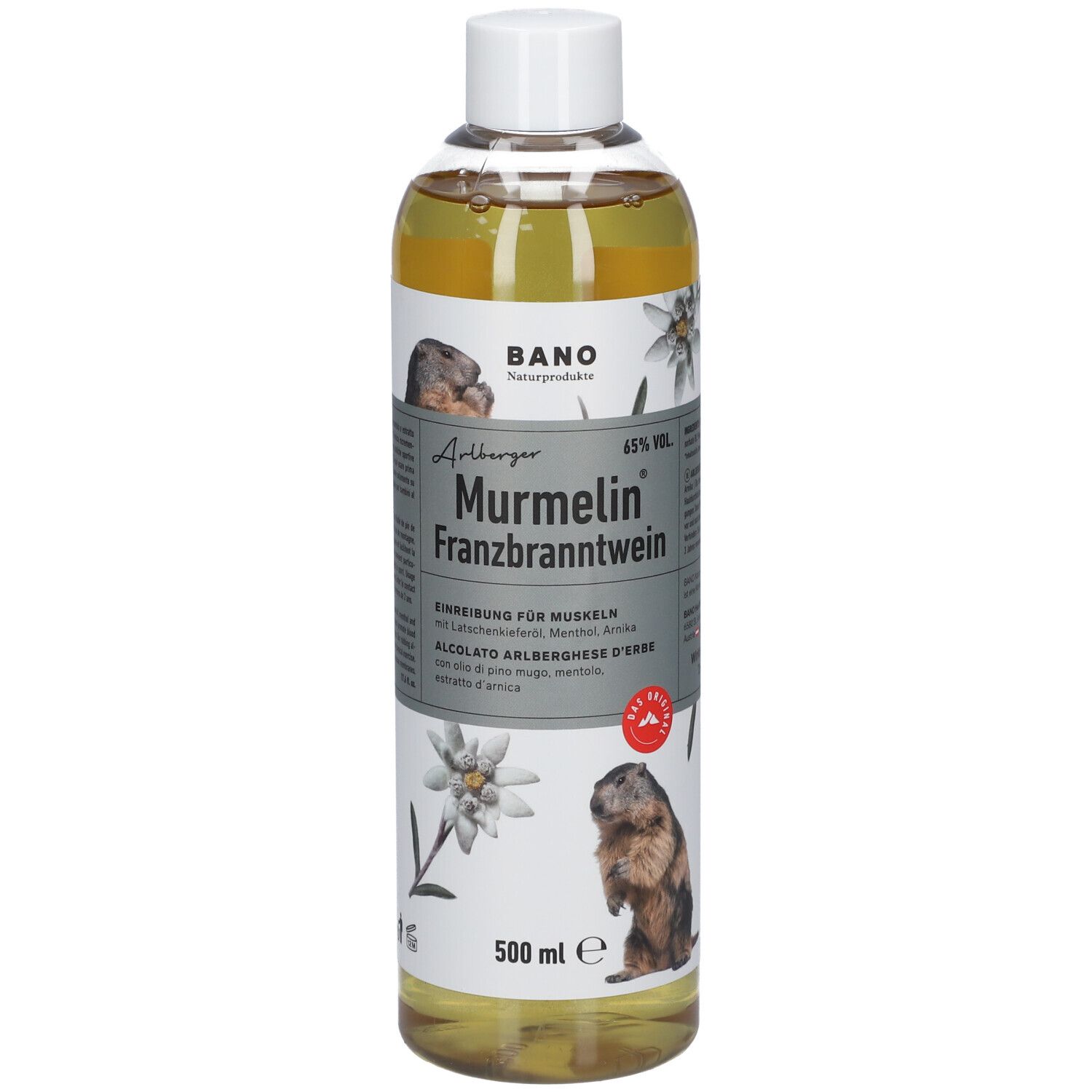 Flacon de BANO Murmelin Franzbranntwein. Étiquette avec marmotte, edelweiss et texte. 500 ml.