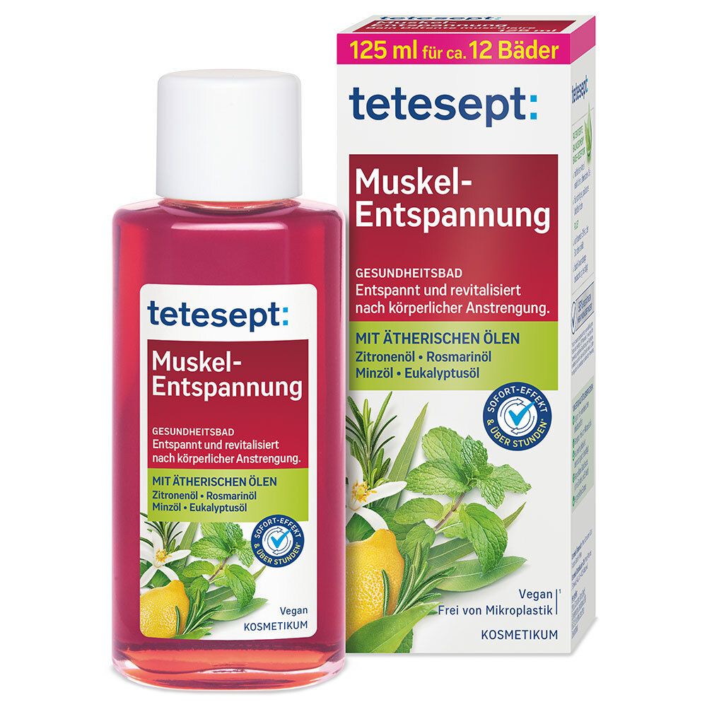 tetesept® Muskel Entspannung. Liquide rouge en flacon et boîte. Aux huiles essentielles. Vegan.